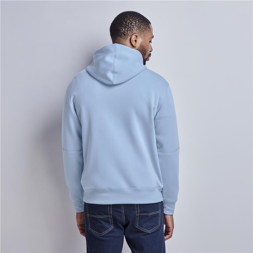 Male model wearing a light blue hoodie shown from the back.