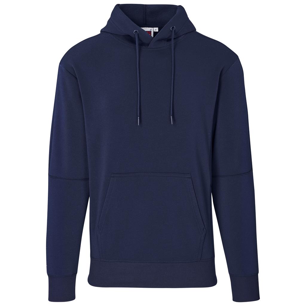 Navy pullover hoodie with front pocket and drawstring hood.