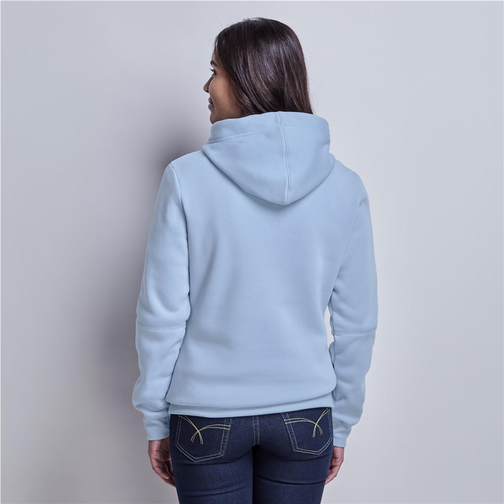 Female model wearing a light blue branded hoodie from the back.