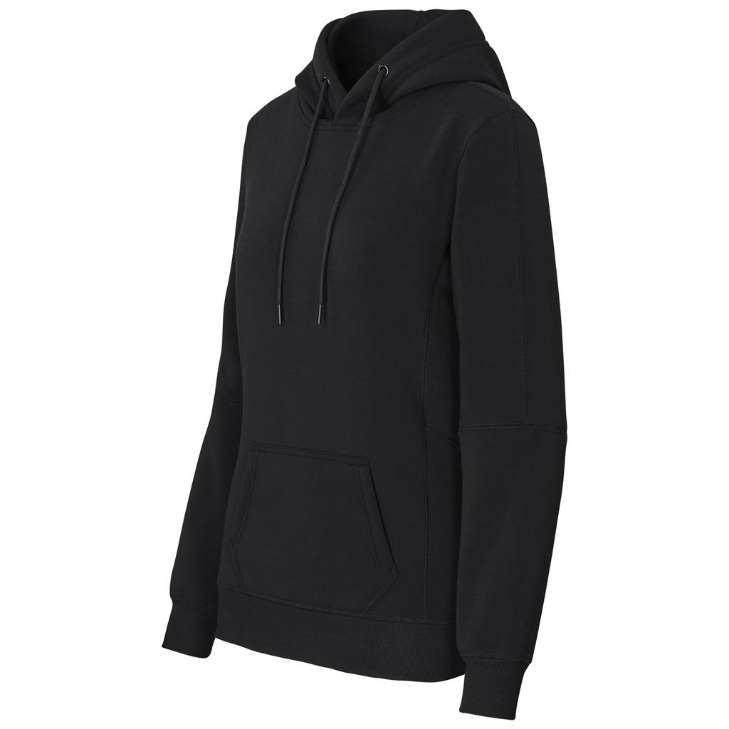 Black pullover hoodie shown from the side.