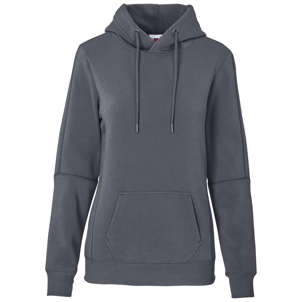 Charcoal pullover hoodie with drawstring hood and front pocket.
