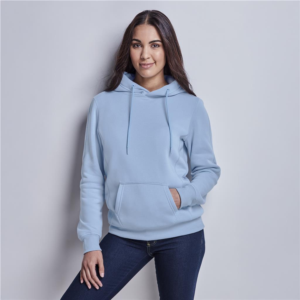 Female model wearing a light blue Mainline Sportswear hoodie.