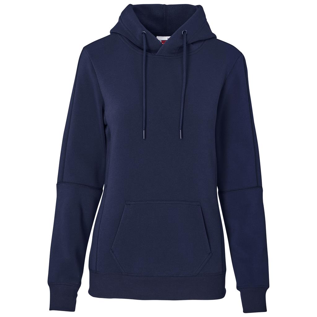 Navy pullover hoodie with drawstring hood and front pocket.