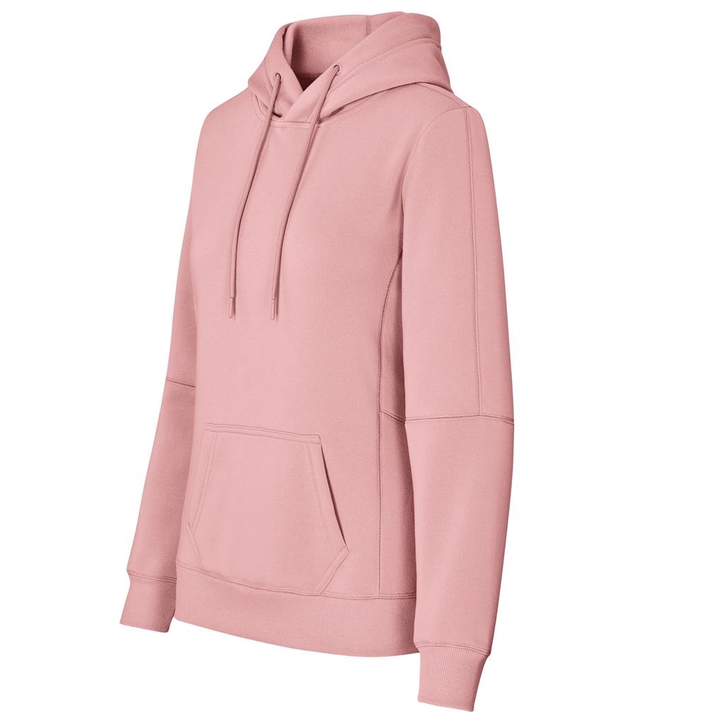 Pink pullover hoodie shown from the side.