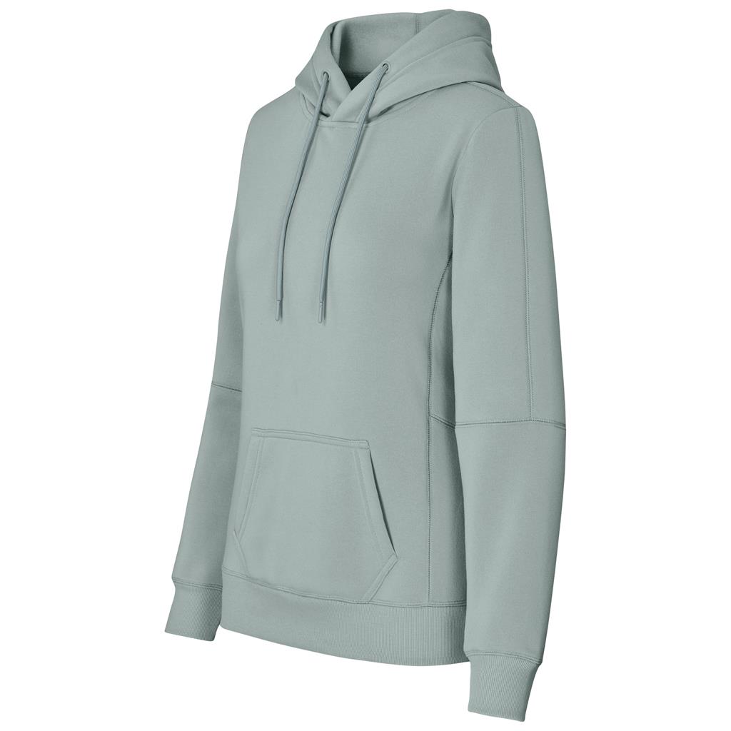 Sage green pullover hoodie shown from the side.