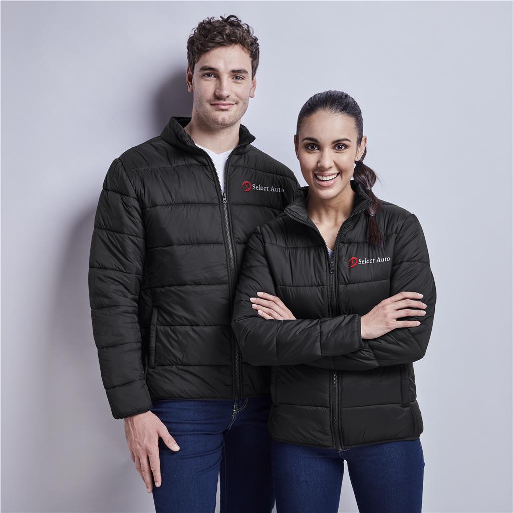 Male and female models wearing matching black branded puffer jackets.