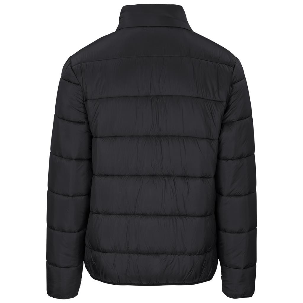 Black lightweight puffer jacket shown from the back.