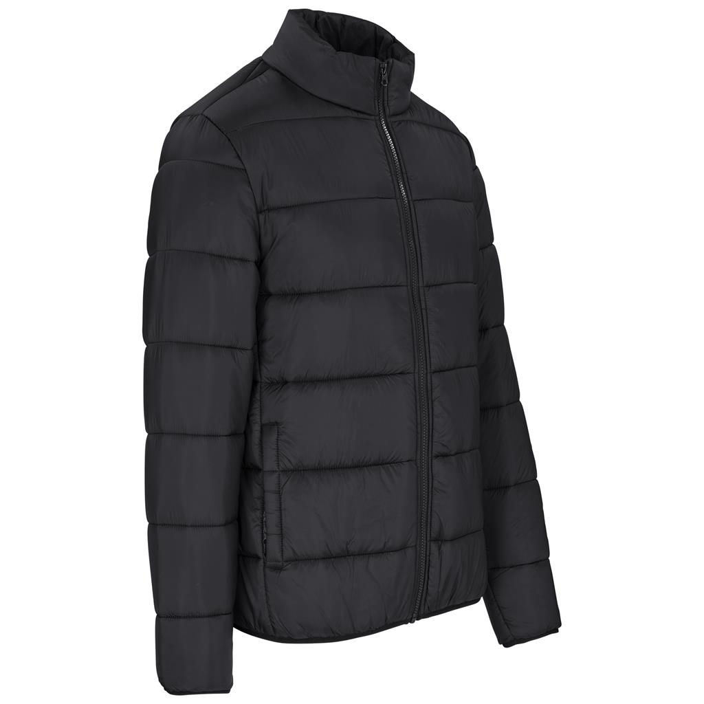 Black lightweight puffer jacket shown from the side.