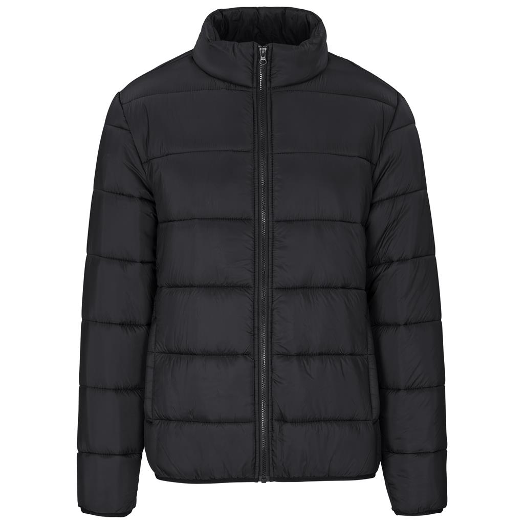 Black lightweight puffer jacket shown from the front.
