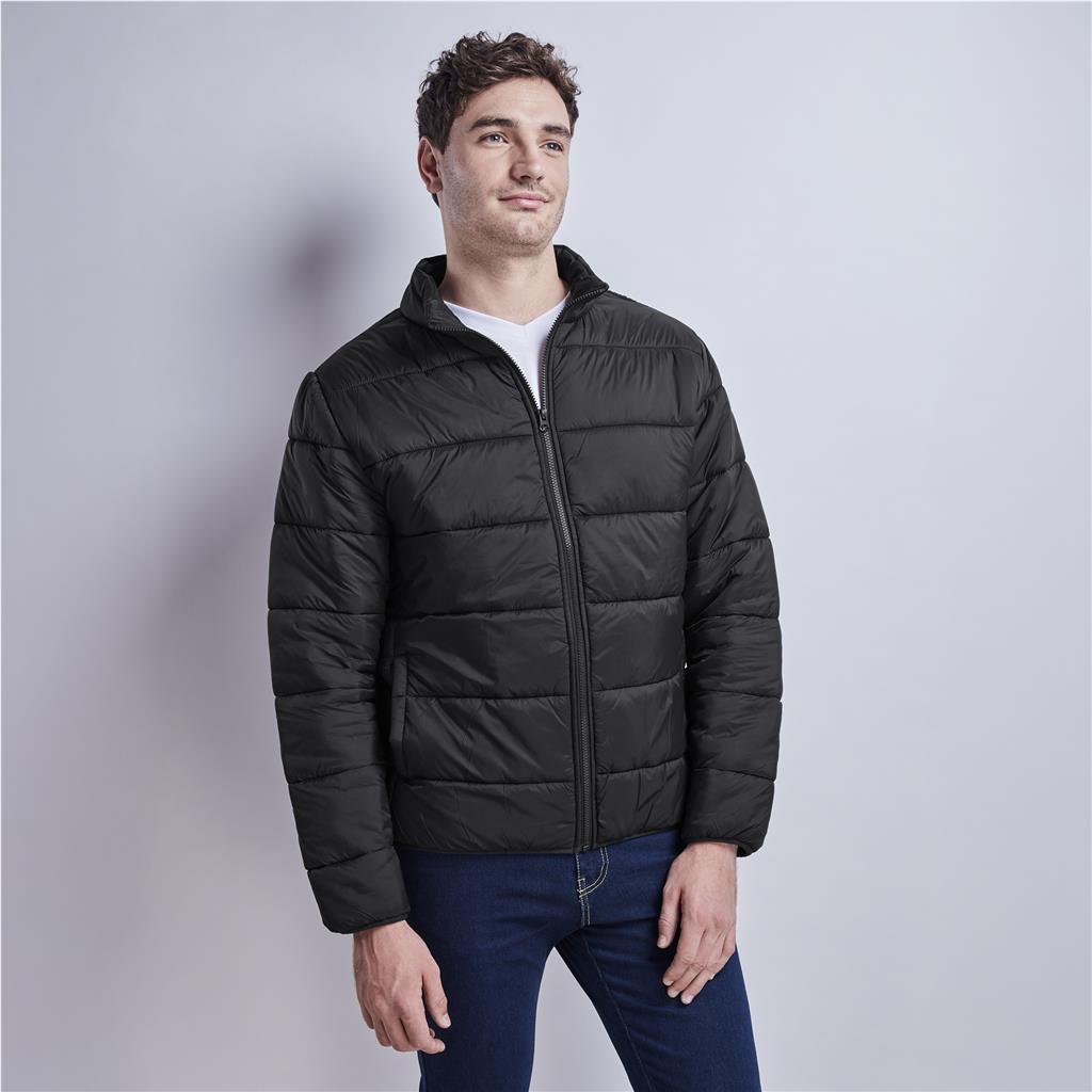 Male model wearing a black lightweight puffer jacket.