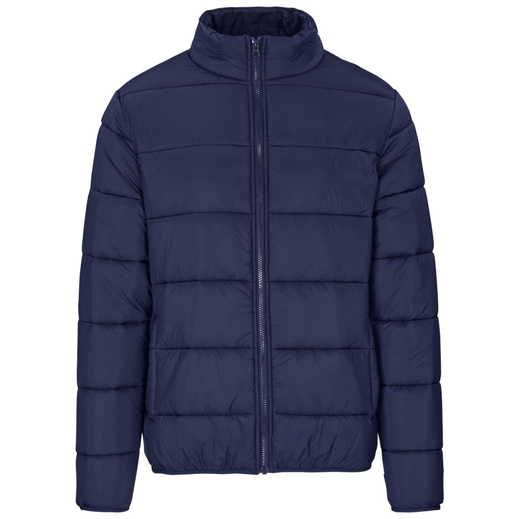 Navy lightweight puffer jacket shown from the front.