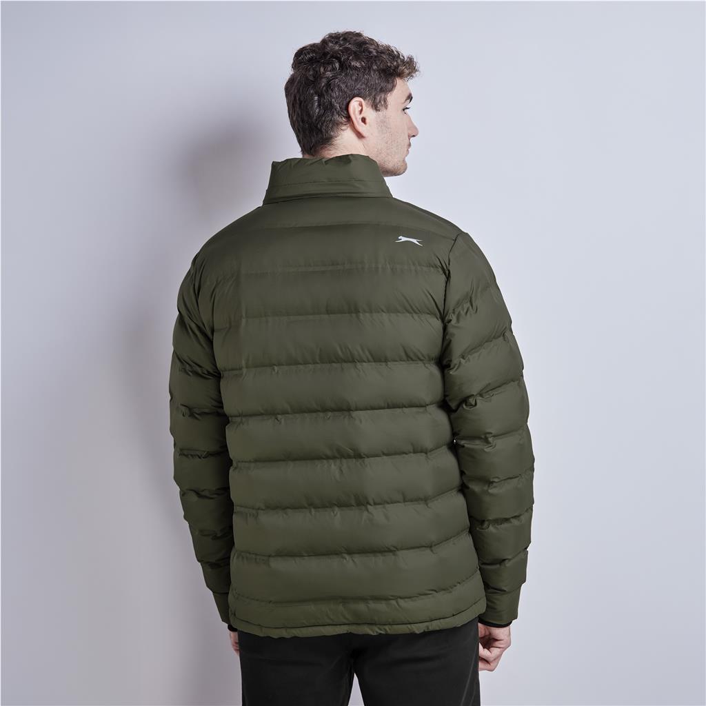 Male model wearing an olive green puffer jacket from the back.