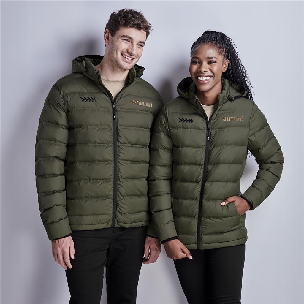 Male and female models wearing olive green puffer jackets.