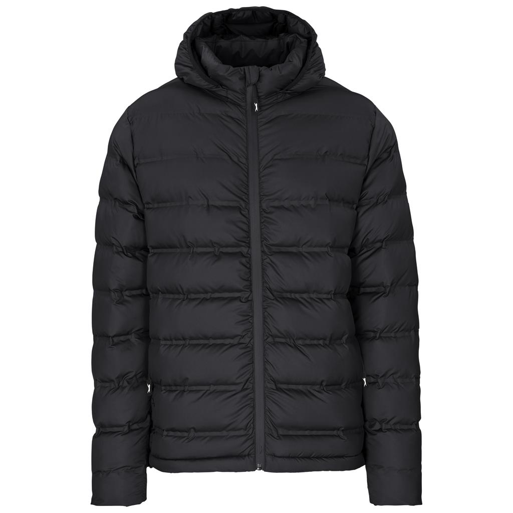 Black lightweight puffer jacket shown from the front.