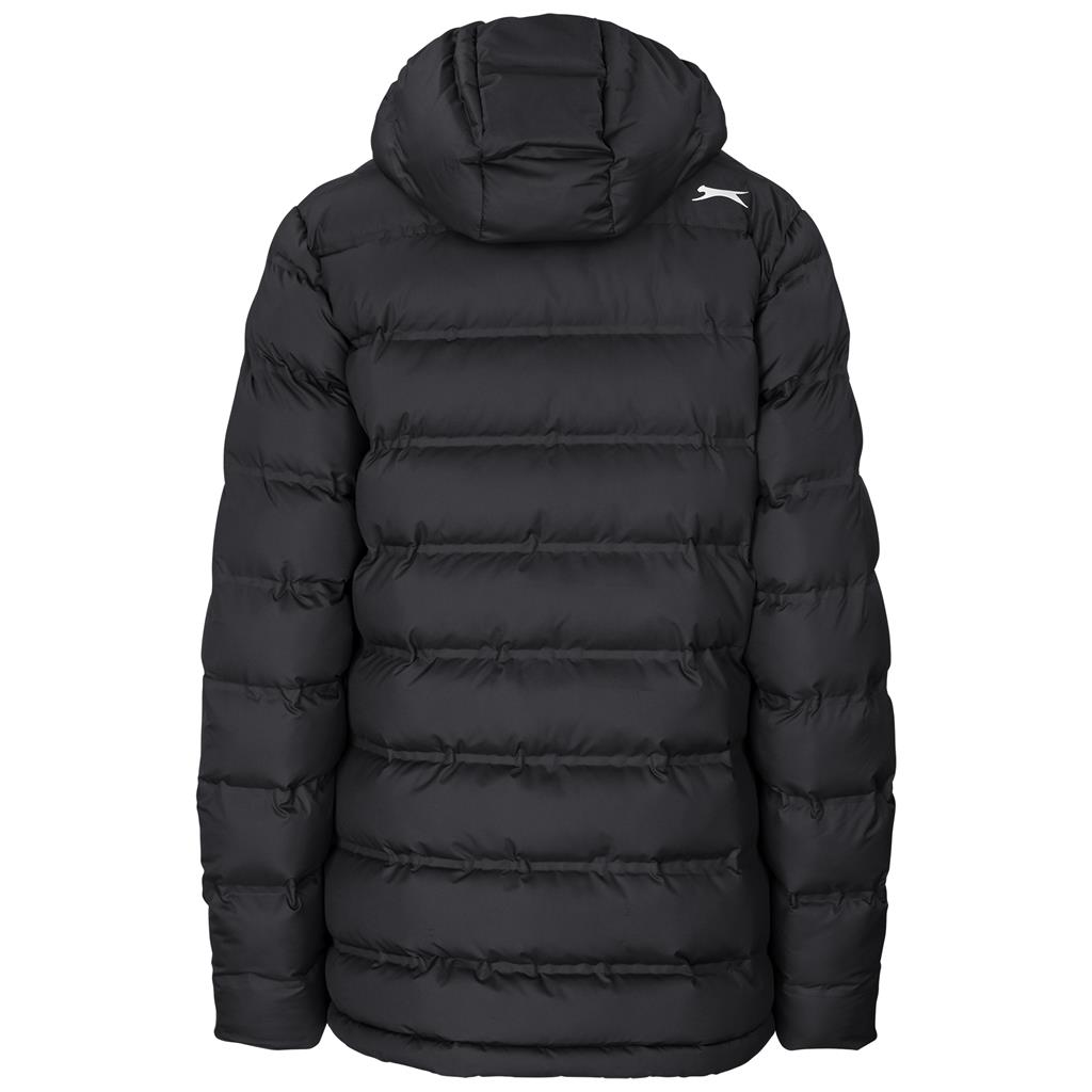 Black lightweight puffer jacket shown from the back.