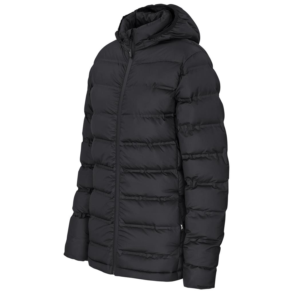 Black lightweight puffer jacket shown from the front.