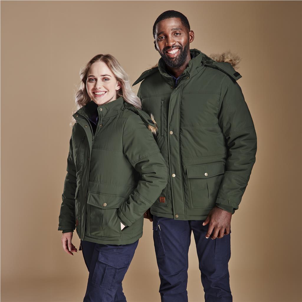Male and female models wearing olive green parka jackets.