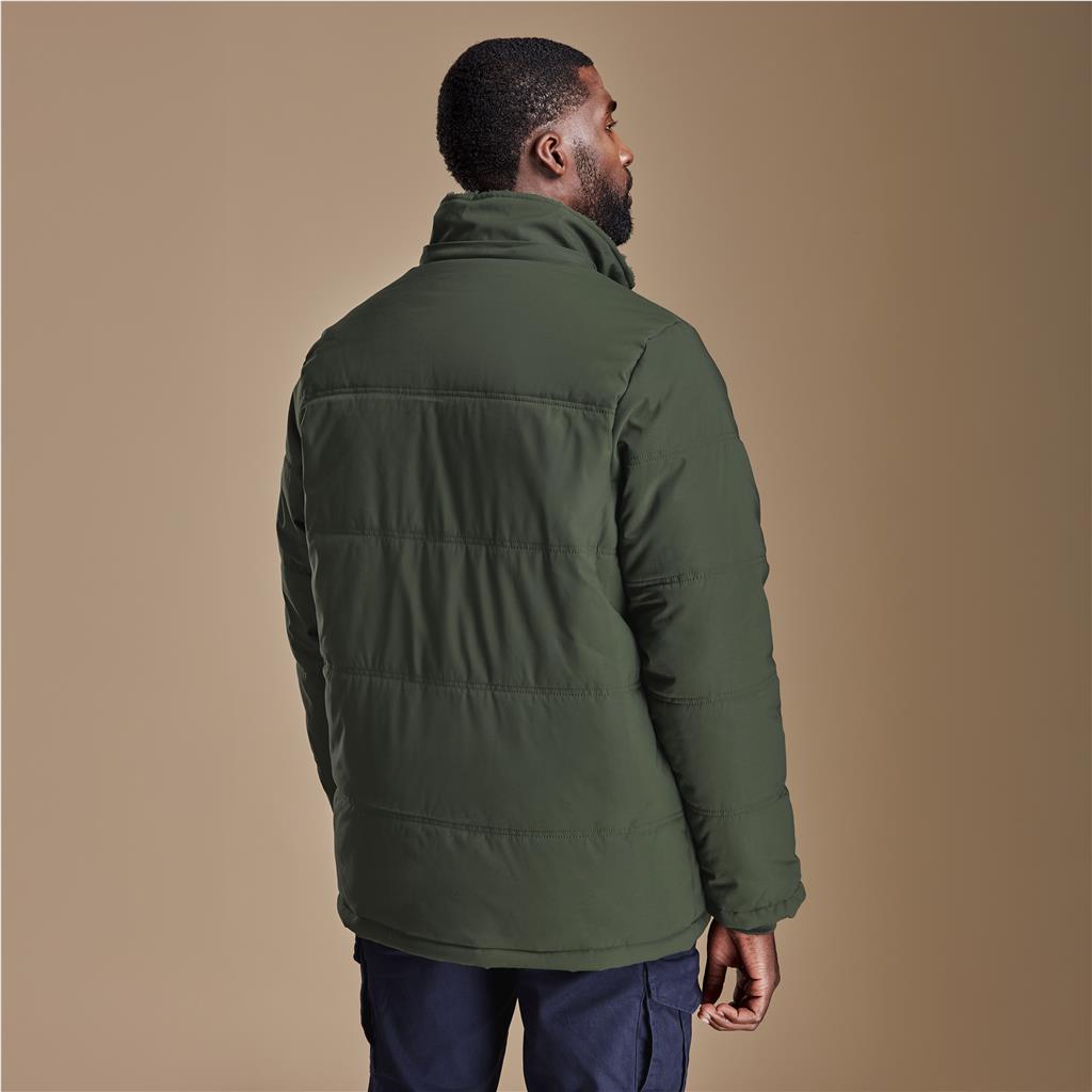 Male model wearing an olive green parka jacket from the back.