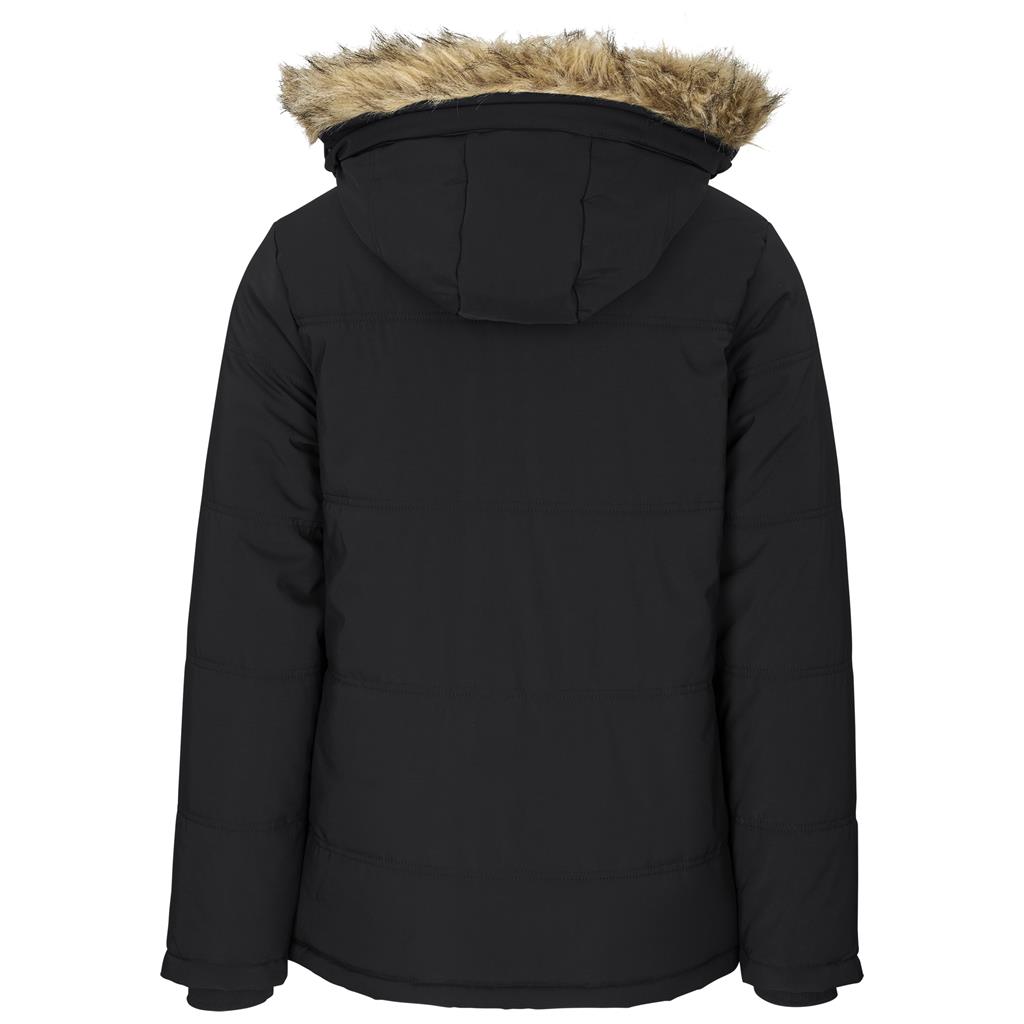 Black parka jacket shown from the back.