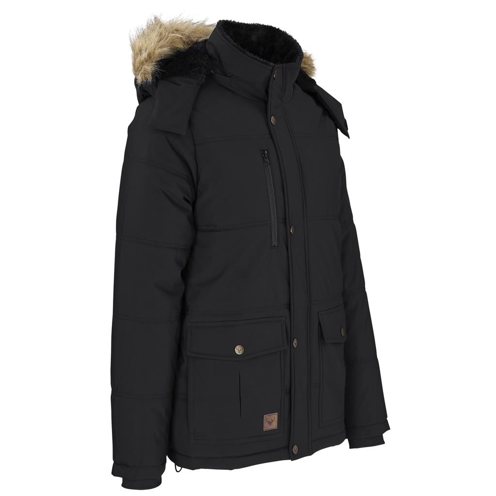 Black parka jacket with faux-fur hood.