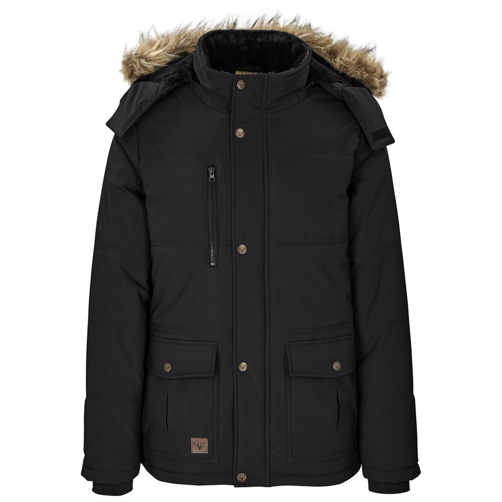 Black parka jacket shown from the front.
