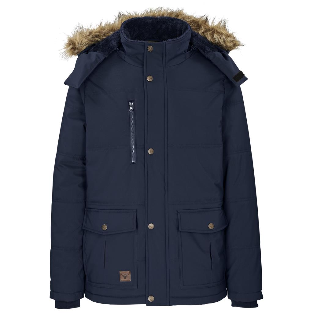 Navy parka jacket with faux-fur hood.