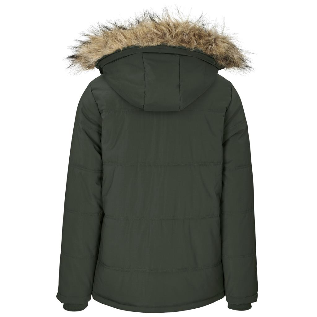 Olive green parka jacket shown from the back.