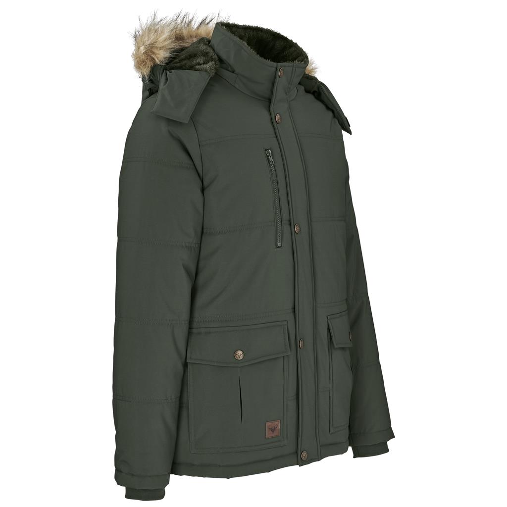 Olive green parka jacket with faux-fur hood.