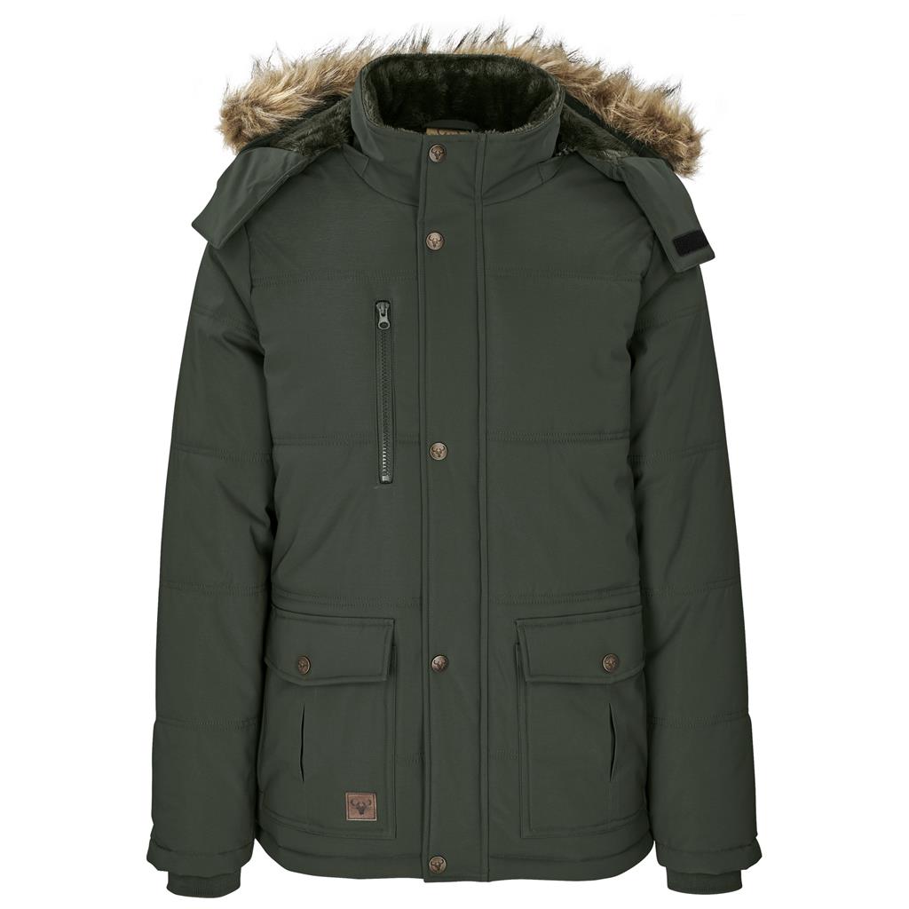 Olive green parka jacket shown from the front.