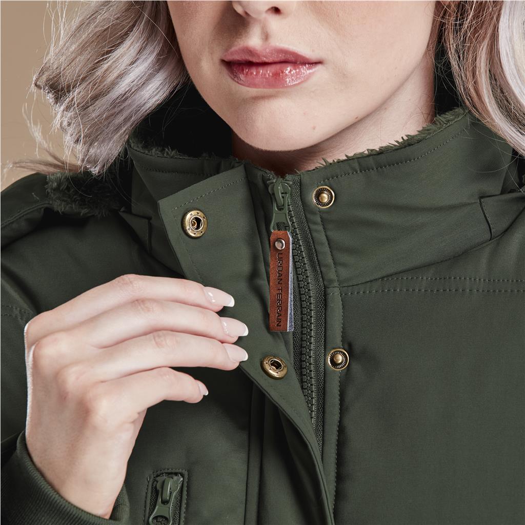 Close-up of olive green parka jacket collar and branded chest detail.