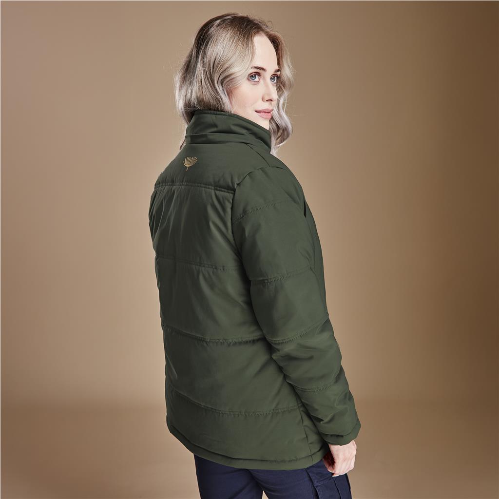 Female model wearing an olive green parka jacket.