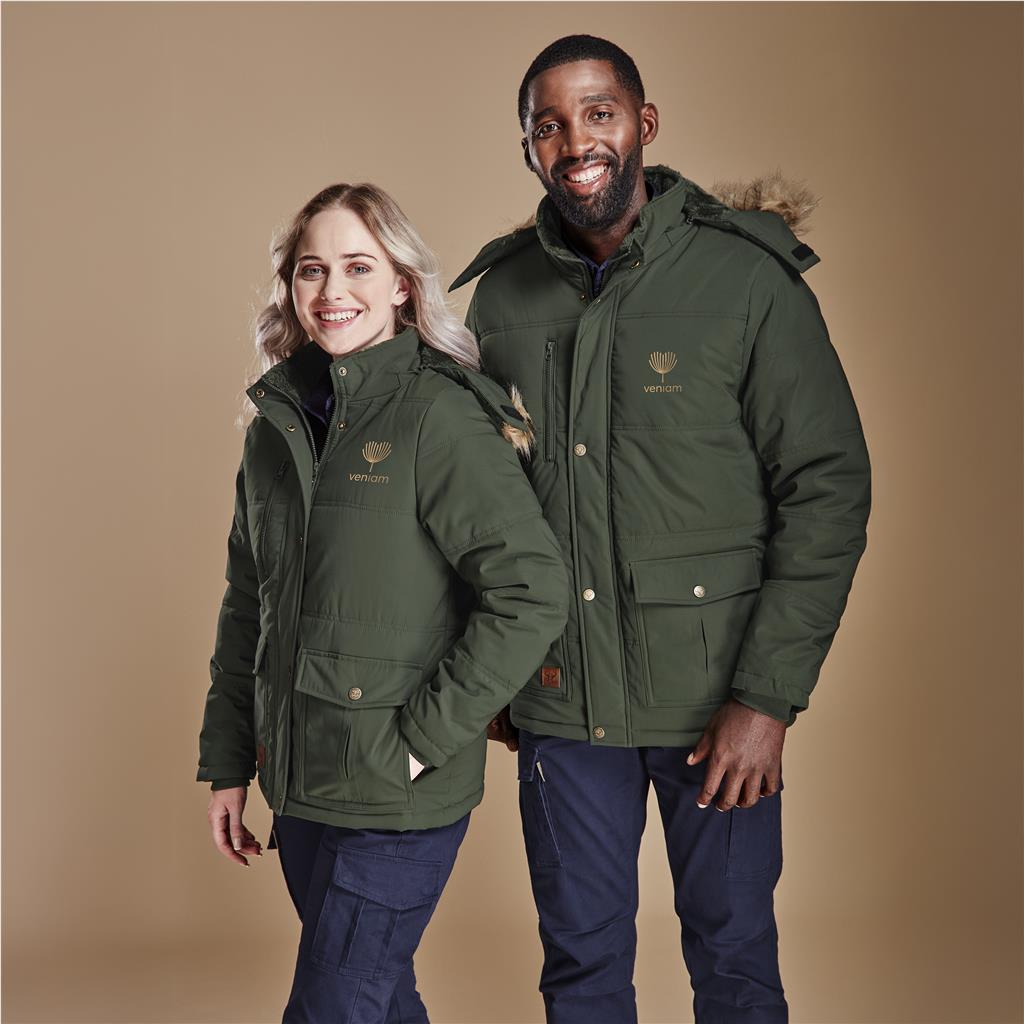 Male and female models wearing olive green winter jackets