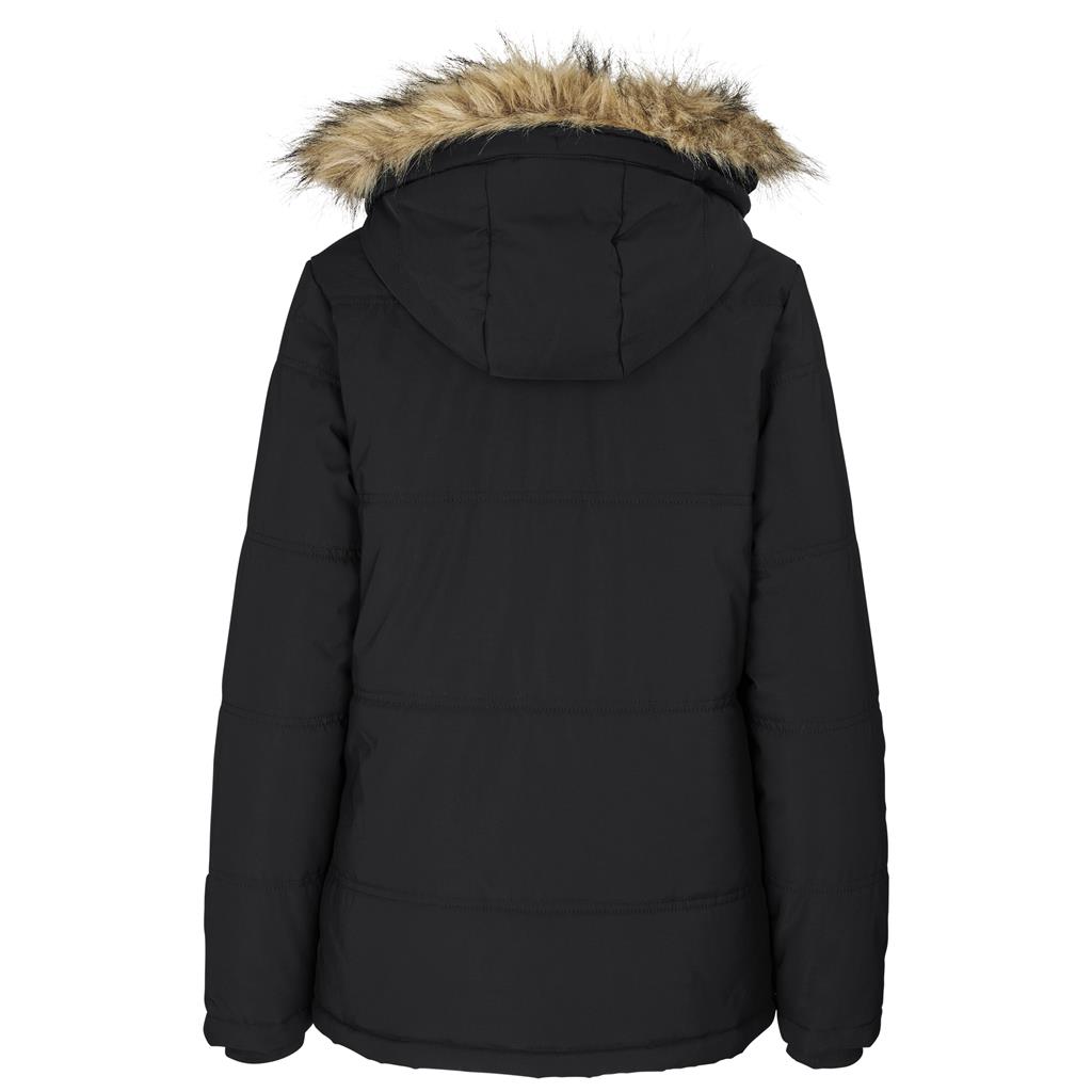 Black women’s parka jacket shown from the back.