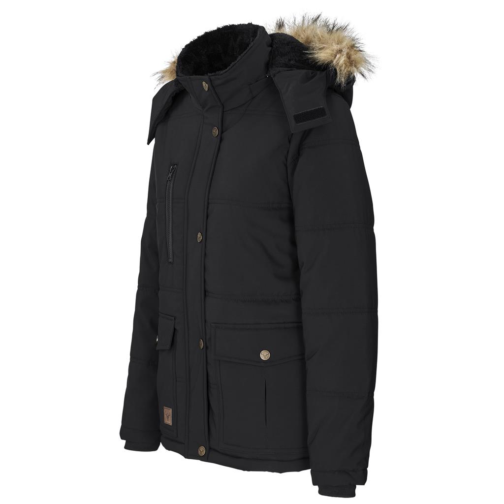Black women’s parka jacket with faux-fur hood.