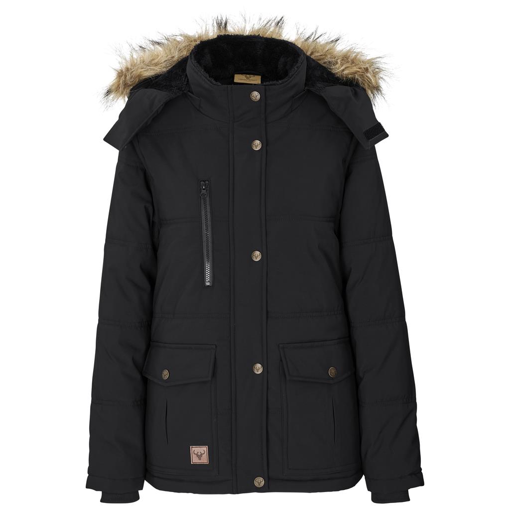 Black women’s parka jacket shown from the front.