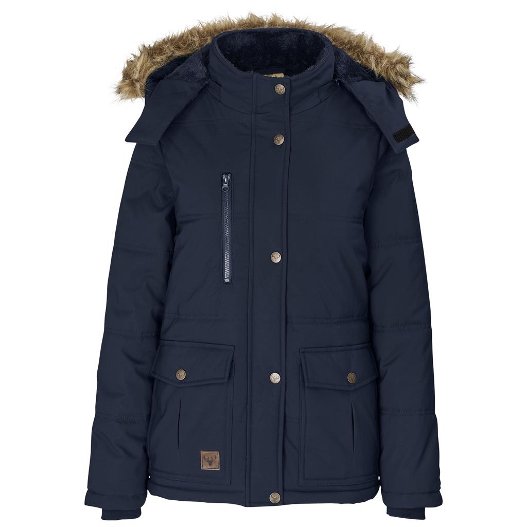 Navy women’s parka jacket with faux-fur hood.