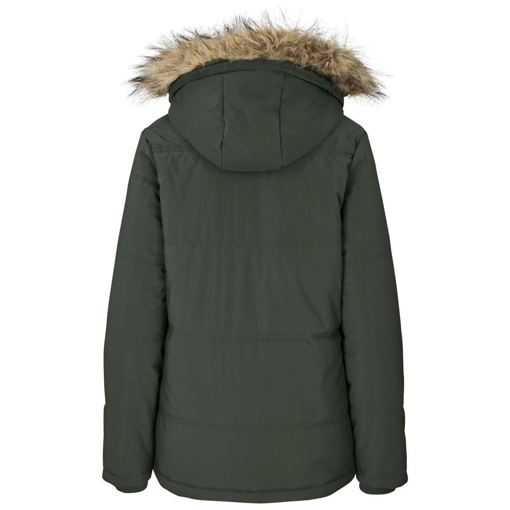 Olive green women’s parka jacket shown from the back.