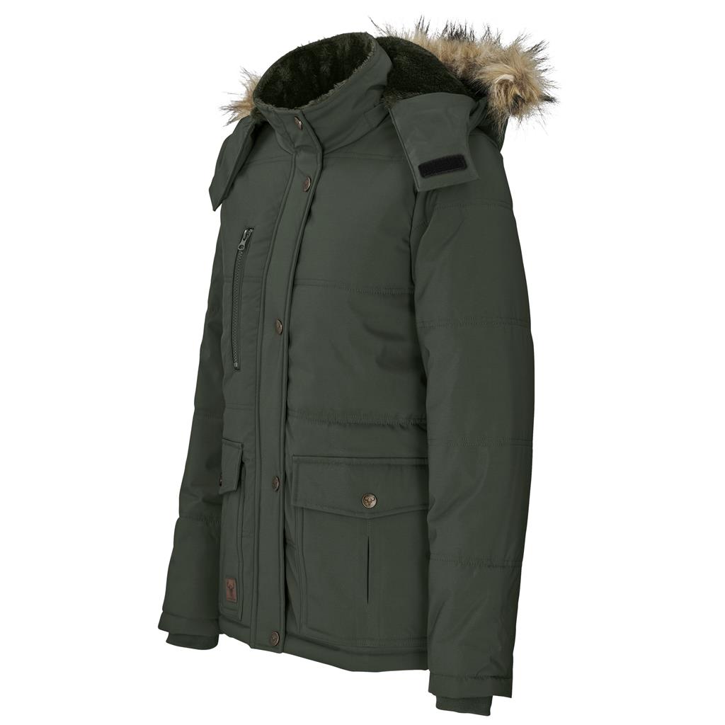 Olive green women’s parka jacket with faux-fur hood.