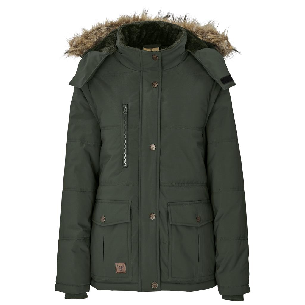 Olive green women’s parka jacket shown from the front.