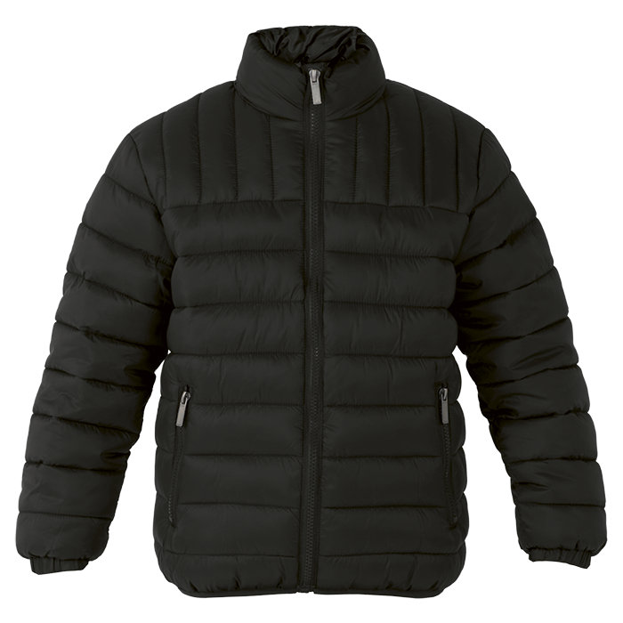 Black padded puffer jacket for branded corporate winter wear.