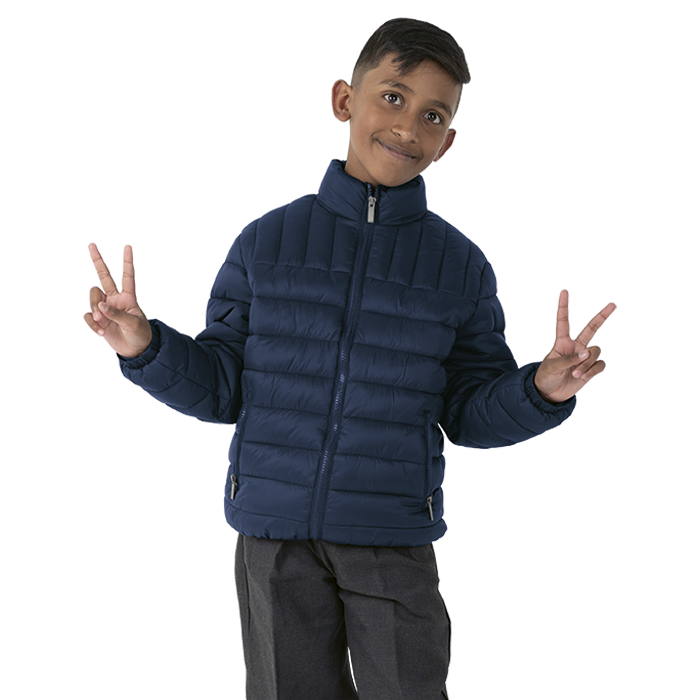 Male model wearing a navy padded puffer jacket for winter corporate wear.