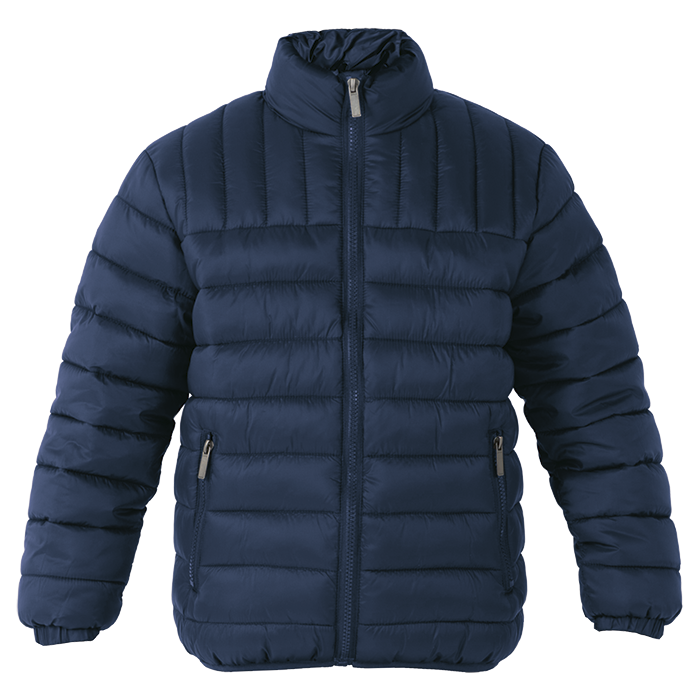 Navy padded puffer jacket for branded corporate winter wear.