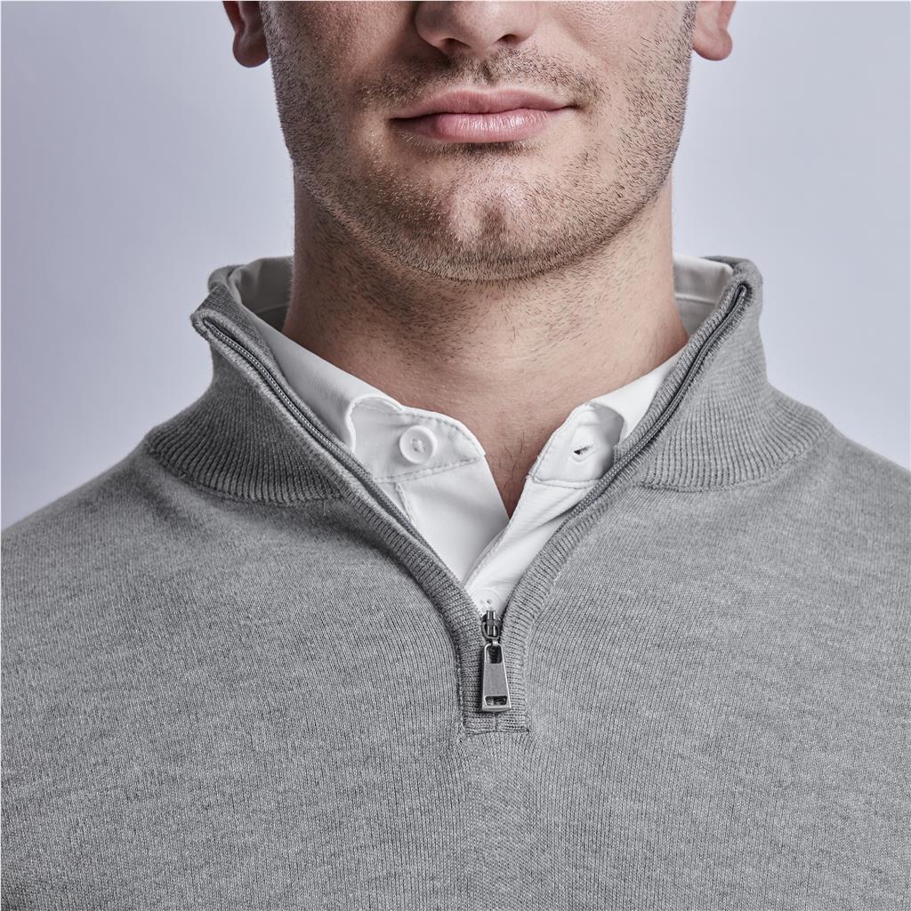 Close-up of grey quarter-zip knitwear collar and branded detail.