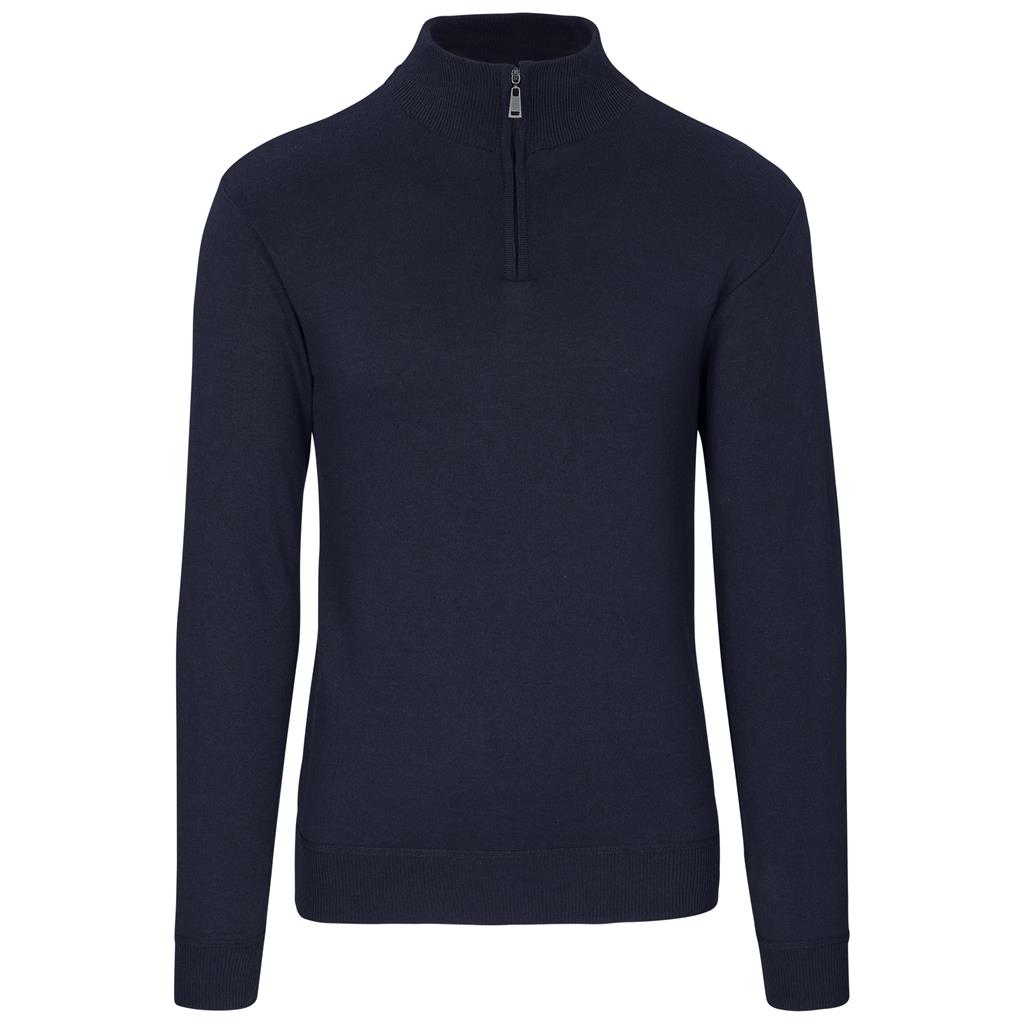 Navy quarter-zip knit pullover for corporate wear.