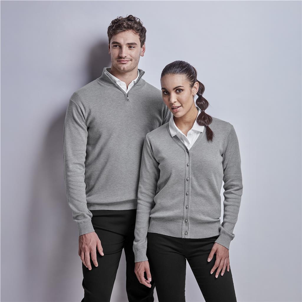 Male and female models wearing grey corporate knitwear.
