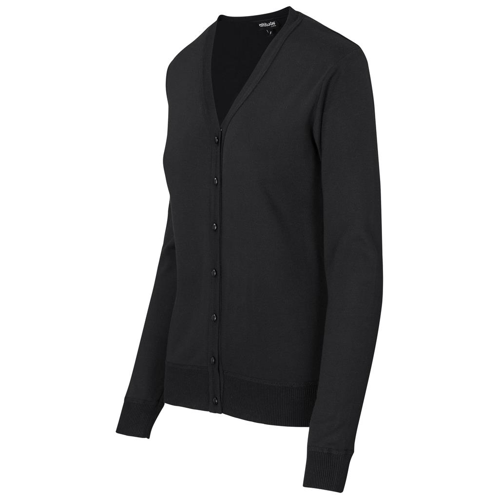 Black V-neck button cardigan shown from the side.
