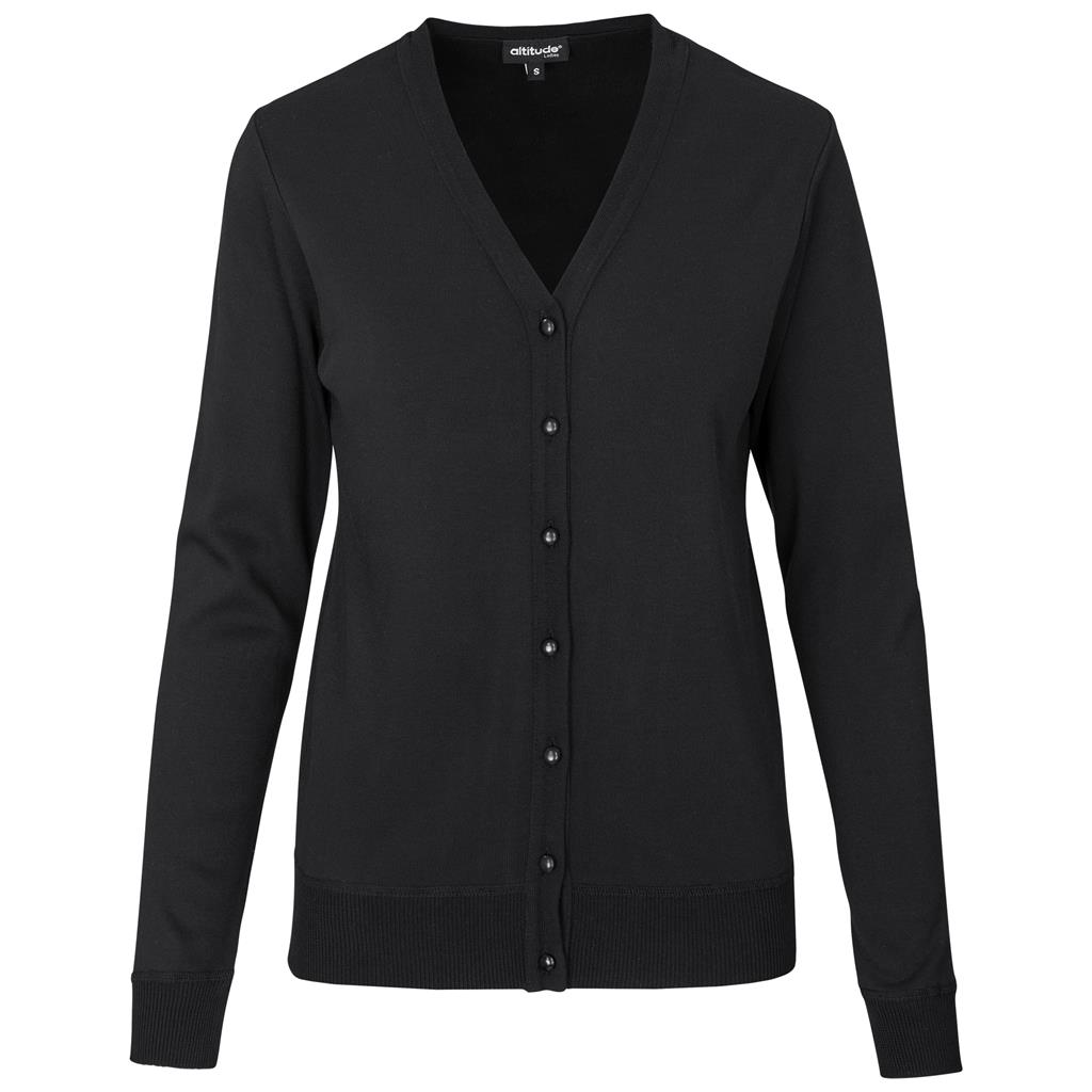 Black V-neck button cardigan shown from the front.
