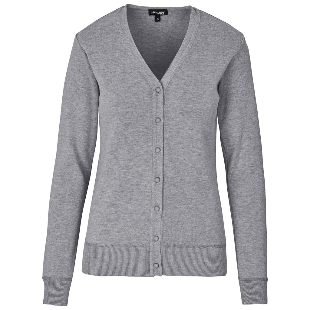 Light grey V-neck button cardigan for corporate uniforms.