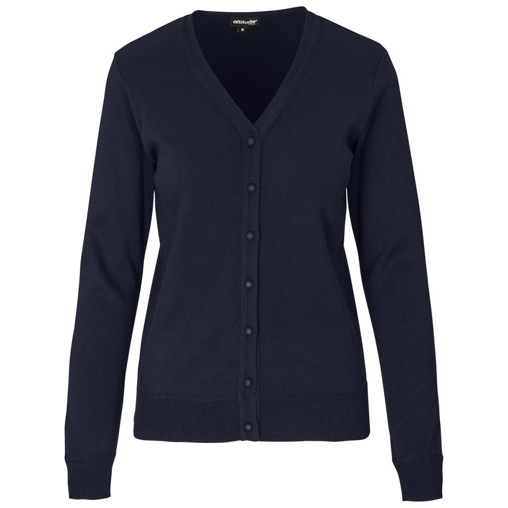 Navy V-neck button cardigan for corporate wear.