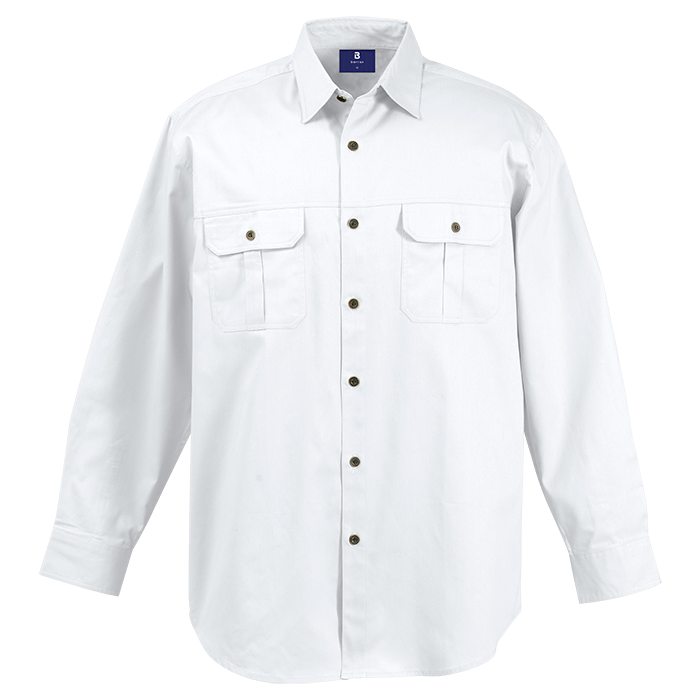 White long-sleeve button-up work shirt for corporate uniforms.